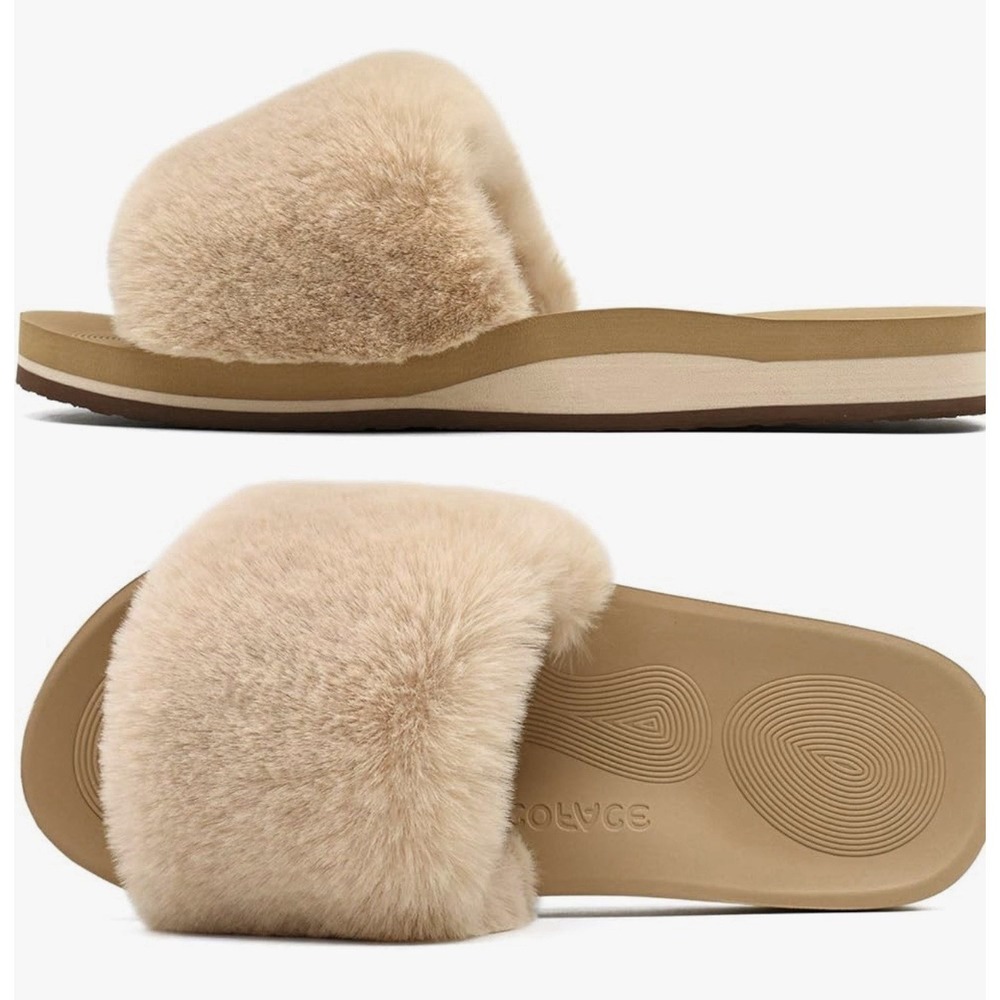 COFACE Womens Sliders Plush House Slippers Flat Sandals Size 10